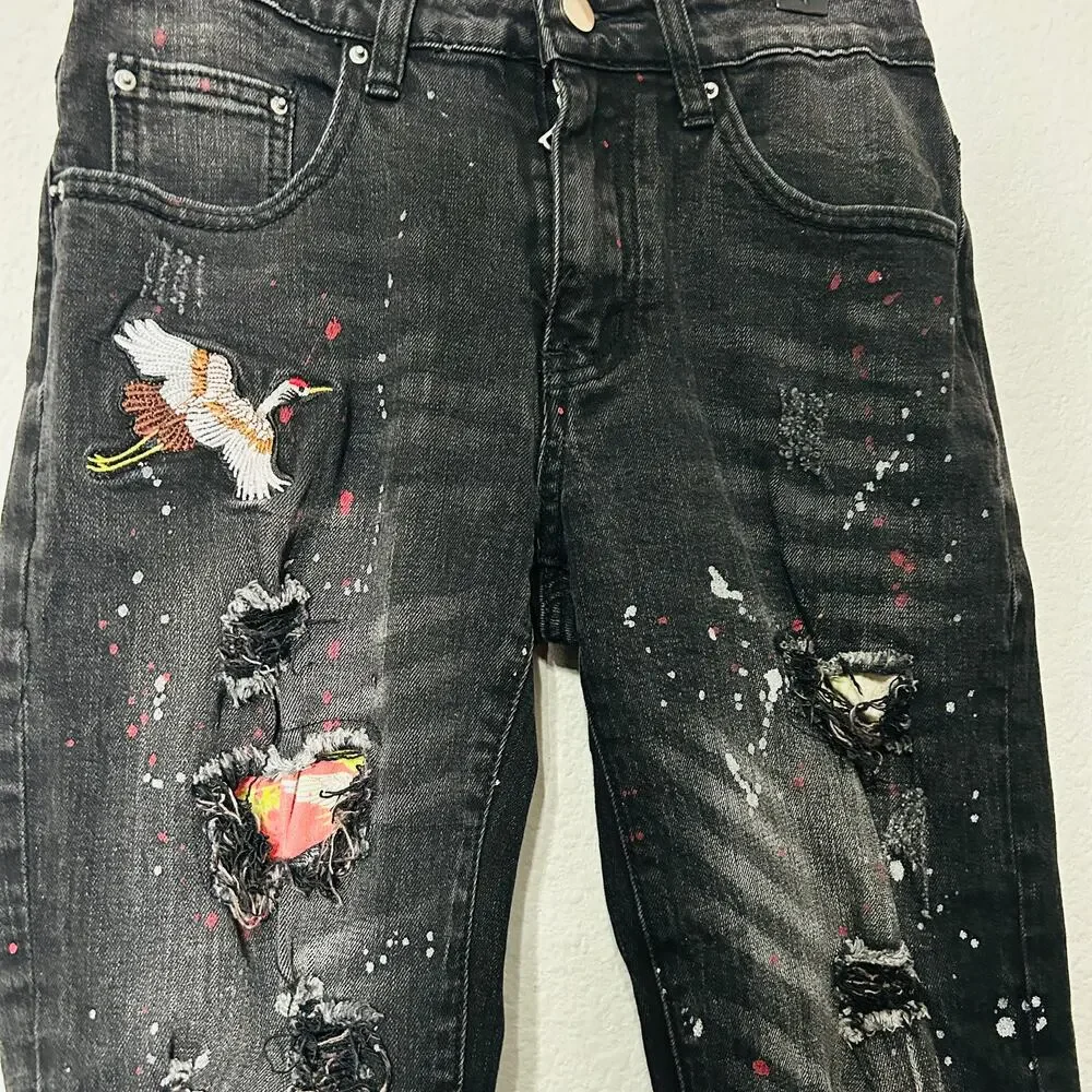 AMIRI Skinny-Fit Appliquéd Paint-Splatter Distressed Stretch-Denim Jean Black 28